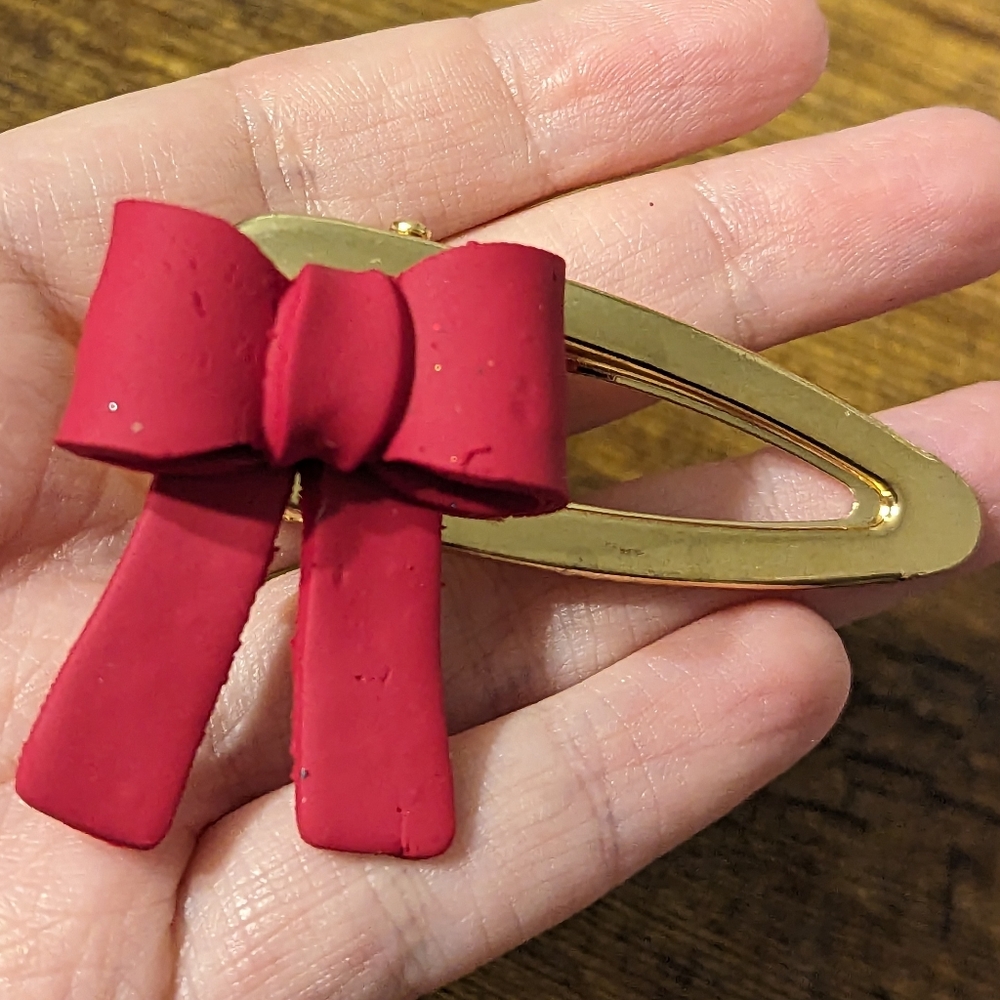 Matte Red Bow Clay Hair Barrette New!